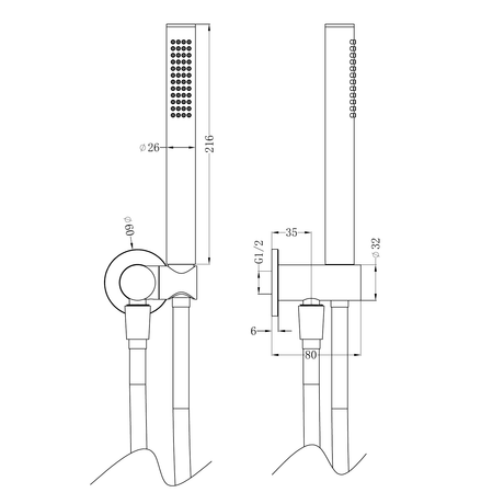 A line drawing of Nero Tapware Zen SS316L Shower On Bracket Brushed Bronze