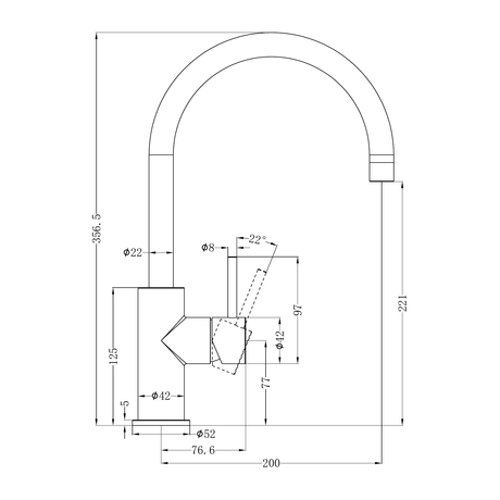 A line drawing of Nero Tapware Zen SS316L Kitchen Mixer Brushed Gold