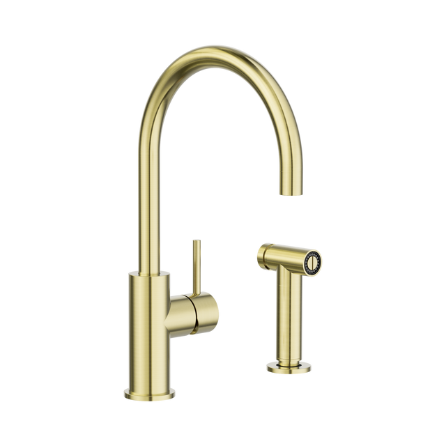 An image of Nero Tapware Zen SS316L Kitchen Mixer With Hand Spray Brushed Gold