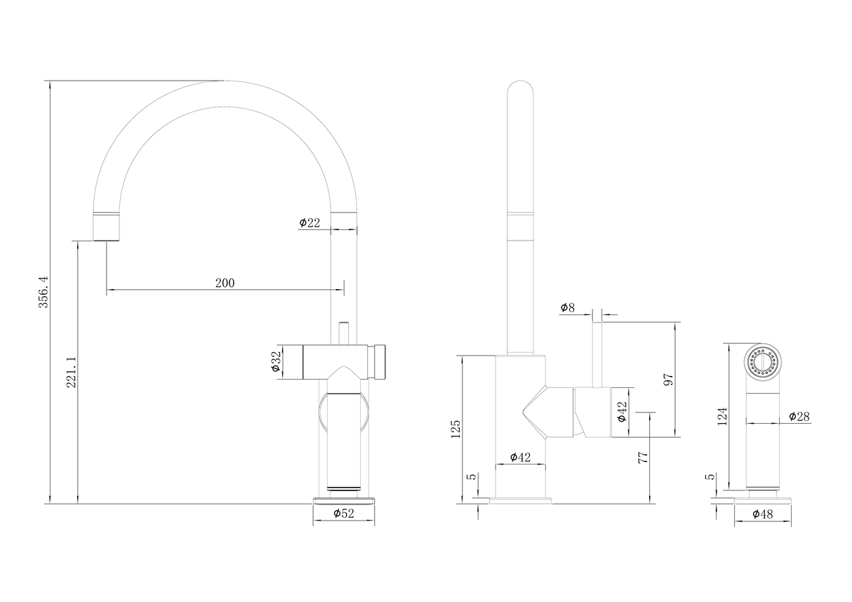 A line drawing of Nero Tapware Zen SS316L Kitchen Mixer With Hand Spray Brushed Bronze