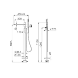 A line drawing of Nero Tapware Pure SS316L Freestanding Bath Mixer With Outdoor Shower Hose Graphite