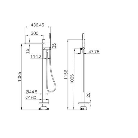 A line drawing of Nero Tapware Pure SS316L Freestanding Bath Mixer Brushed Nickel