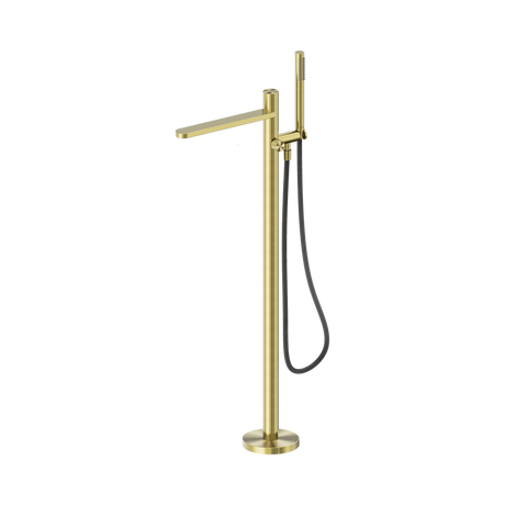 An image of Nero Tapware Pure SS316L Freestanding Bath Mixer With Outdoor Shower Hose Brushed Gold