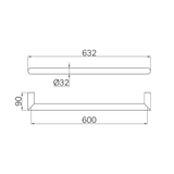 A line drawing of Nero Tapware Mecca 240V Single Heated Towel Rail Brushed Nickel