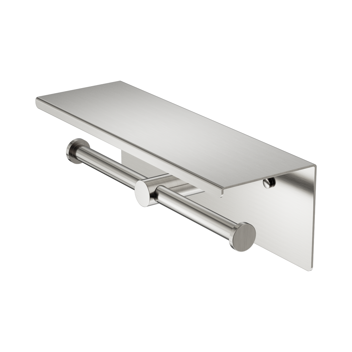 An image of Nero Tapware Mecca Double Toilet Roll Holder With Shelf Brushed Nickel
