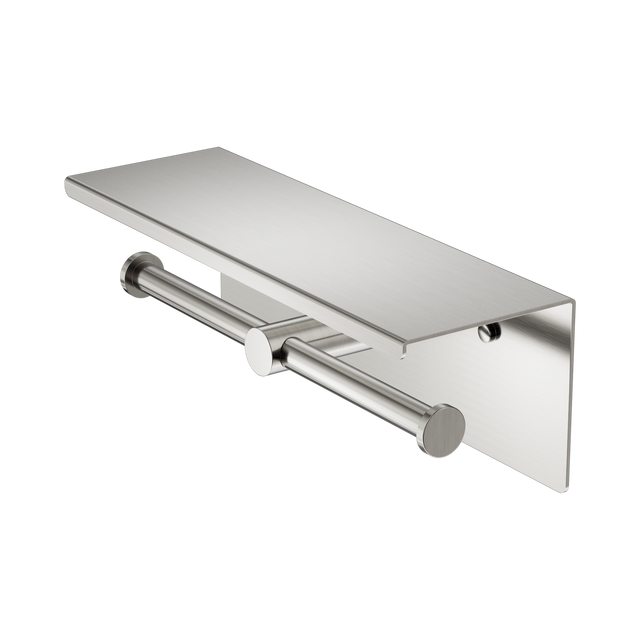 An image of Nero Tapware Mecca Double Toilet Roll Holder With Shelf Brushed Nickel