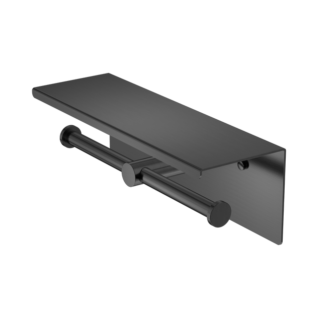 An image of Nero Tapware Mecca Double Toilet Roll Holder With Shelf Gun Metal