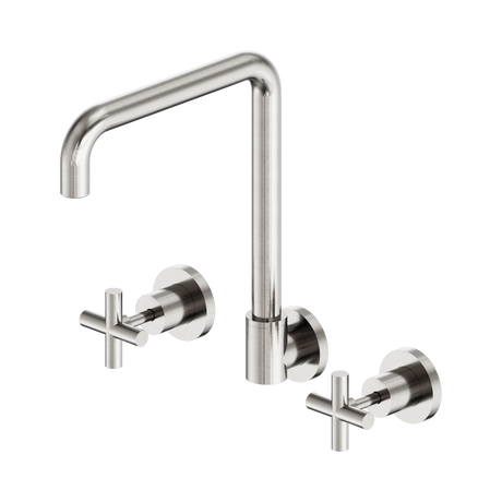 An image of Nero Tapware X Plus Wall Kitchen Set Swivel Spout Brushed Nickel