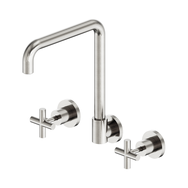 An image of Nero Tapware X Plus Wall Kitchen Set Swivel Spout Brushed Nickel