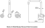 A line drawing of Nero Tapware X Plus Wall Kitchen Set Swivel Spout Brushed Nickel