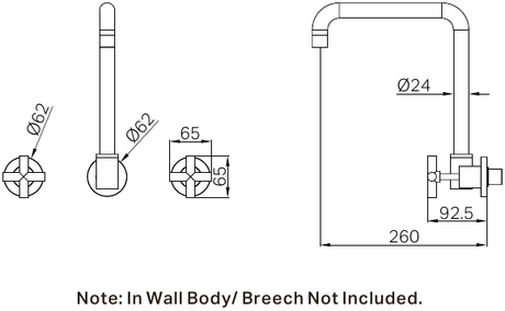 A line drawing of Nero Tapware X Plus Wall Kitchen Set Swivel Spout Brushed Nickel