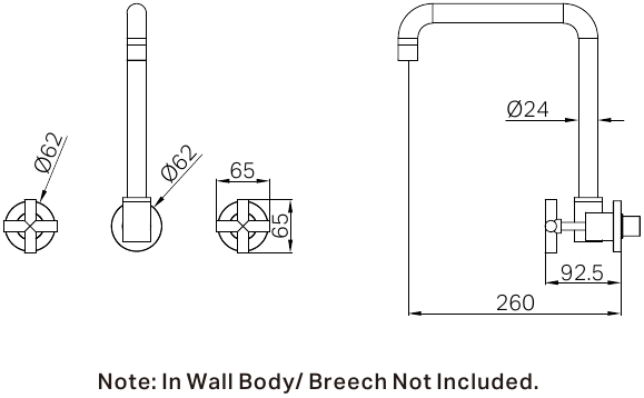 A line drawing of Nero Tapware X Plus Wall Kitchen Set Swivel Spout Matte Black