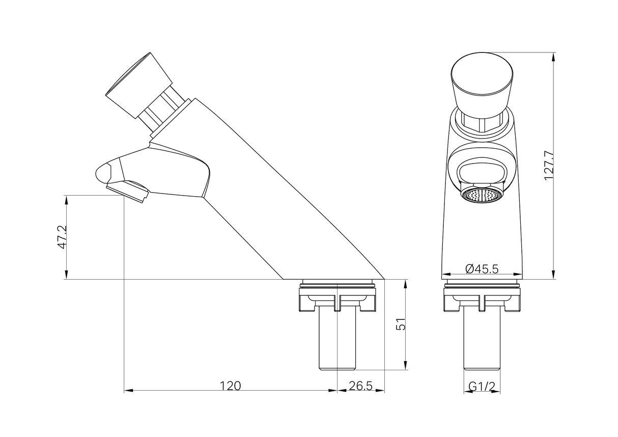 A line drawing of Nero Tapware SS316 Lead Free Timeflow Push Button Pillar Tap Chrome