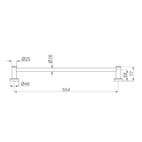 A line drawing of Nero Tapware Dolce II Single Towel Rail 600mm Brushed Gold