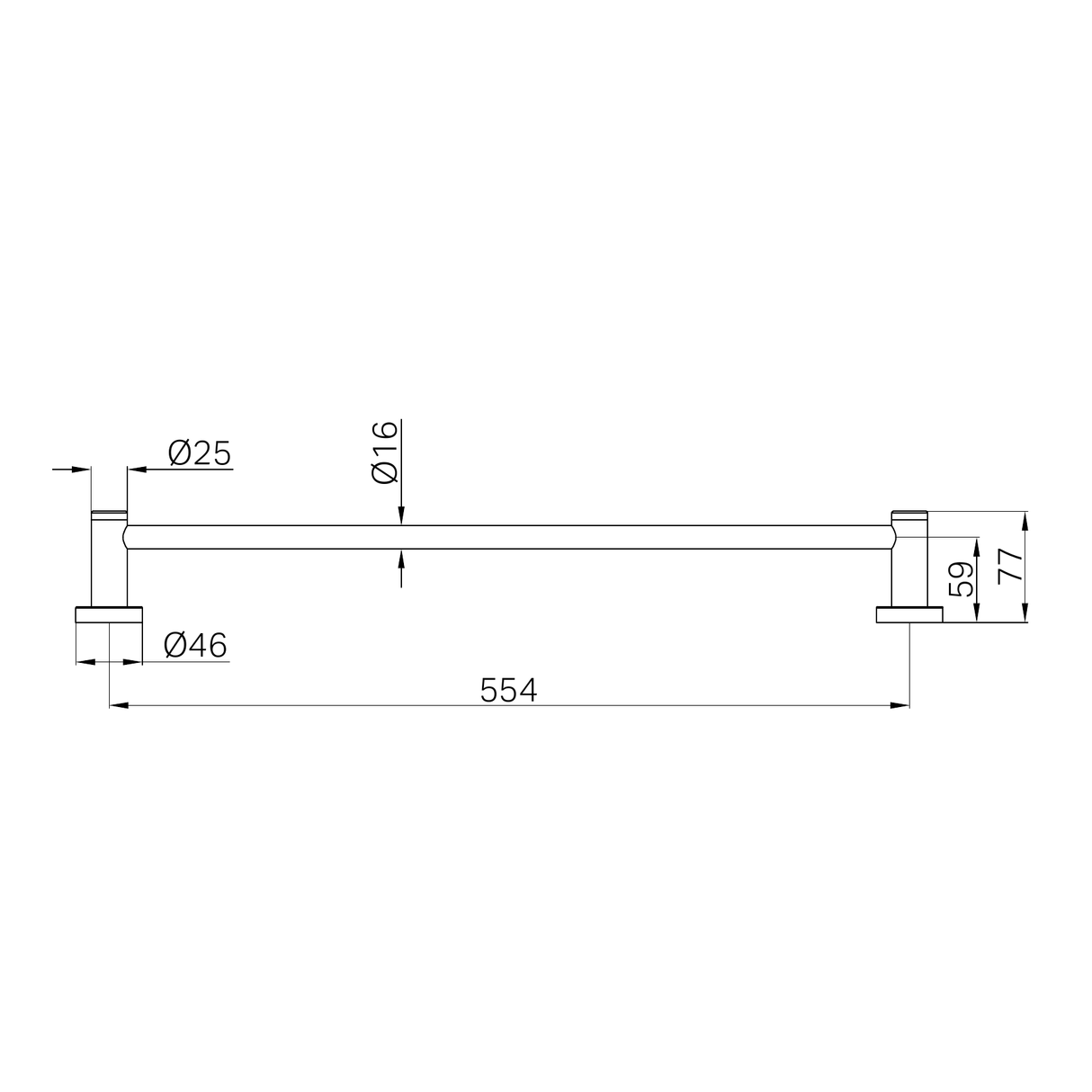 A line drawing of Nero Tapware Classic Single Towel Rail 600mm Chrome