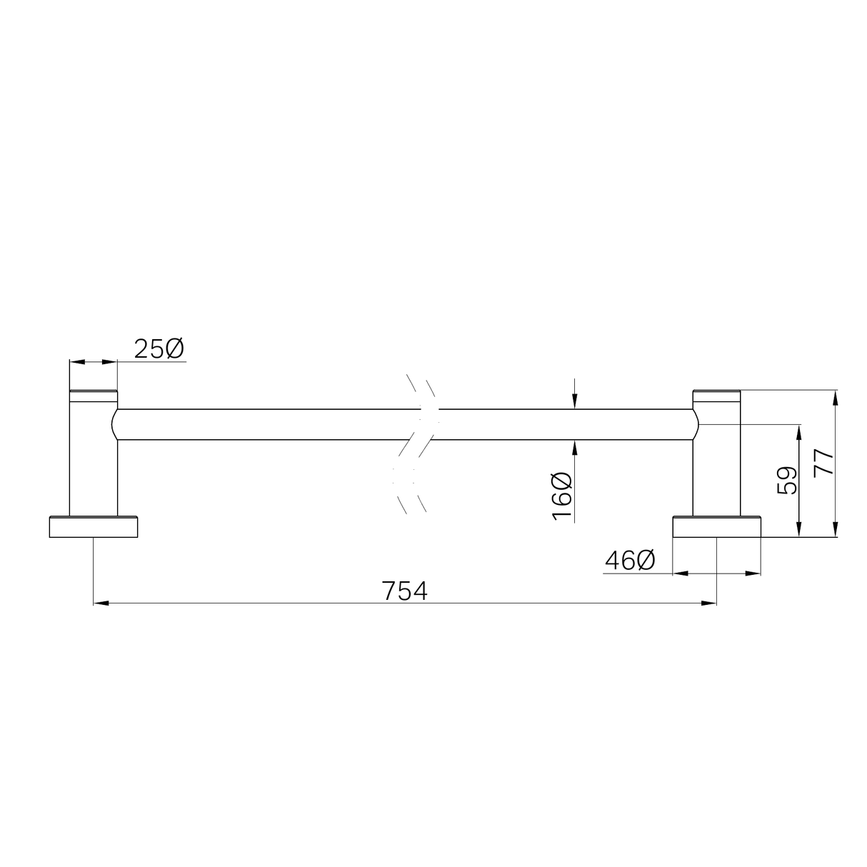 A line drawing of Nero Tapware Classic Single Towel Rail 800mm Brushed Nickel