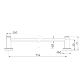 A line drawing of Nero Tapware Classic Single Towel Rail 800mm Brushed Nickel