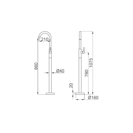 A line drawing of Nero Tapware Mecca Freestanding Bath Mixer Brushed Gold