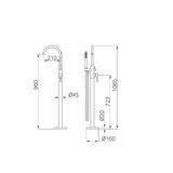A line drawing of Nero Tapware Mecca Round Freestanding Mixer With Hand Shower Brushed Gold