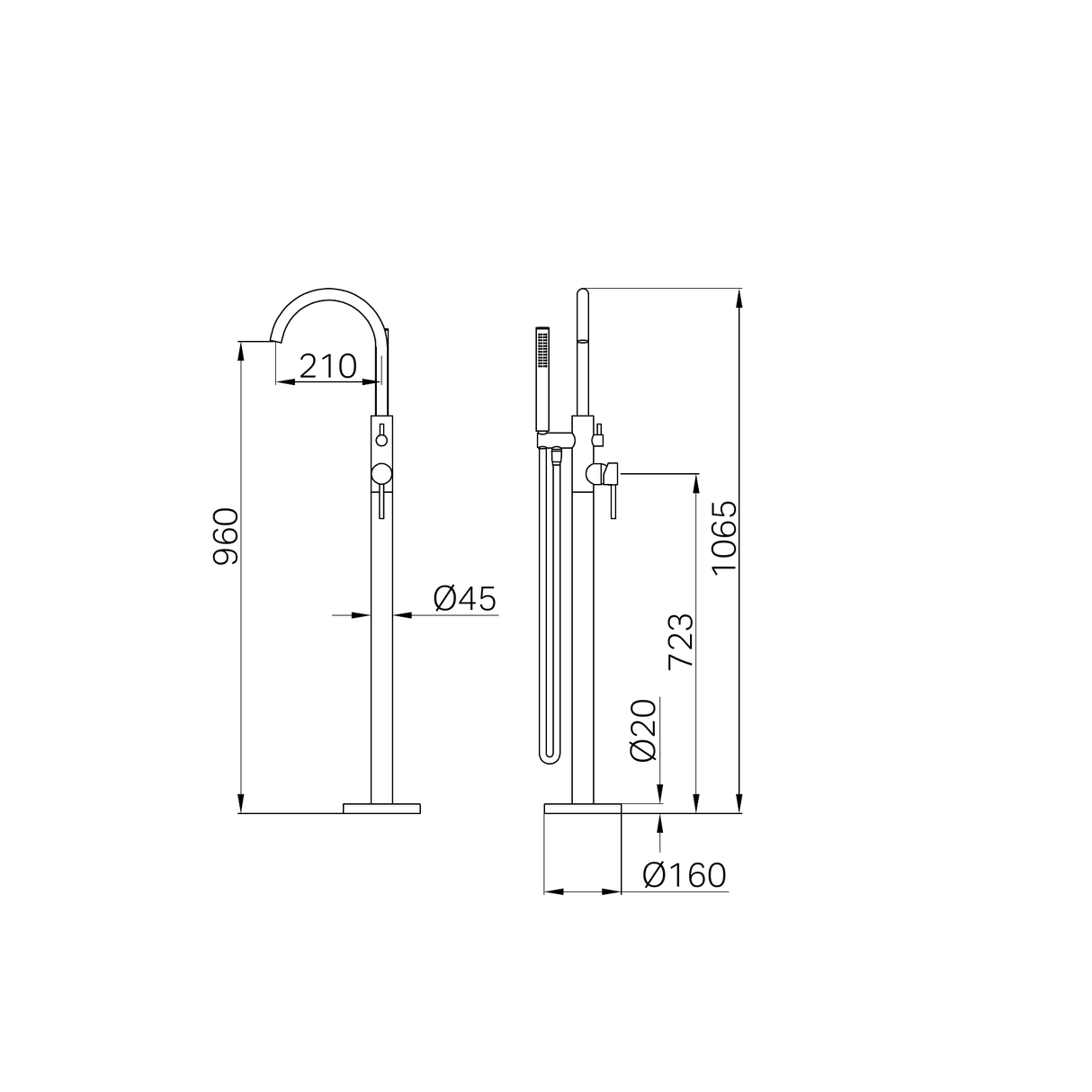 A line drawing of Nero Tapware Mecca Round Freestanding Mixer With Hand Shower Gun Metal