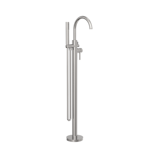 An image of Nero Tapware Mecca Round Freestanding Mixer With Hand Shower Brushed Nickel