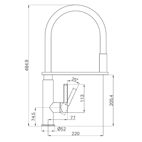A line drawing of Nero Tapware Rit Pull Out Sink Mixer Chrome
