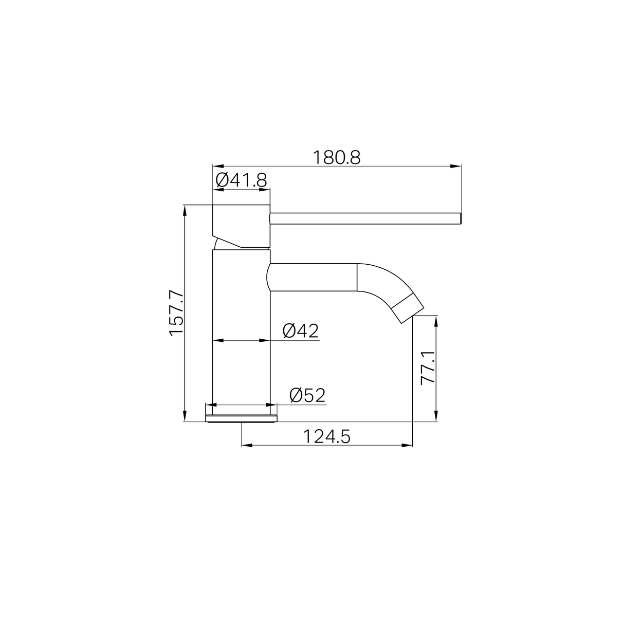 A line drawing of Nero Tapware Mecca Care Basin Mixer Gun Metal