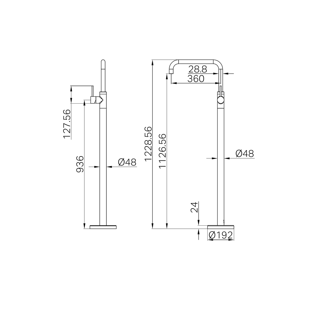 A line drawing of Nero Tapware Mecca Freestanding Bath Mixer Square Shape Gun Metal