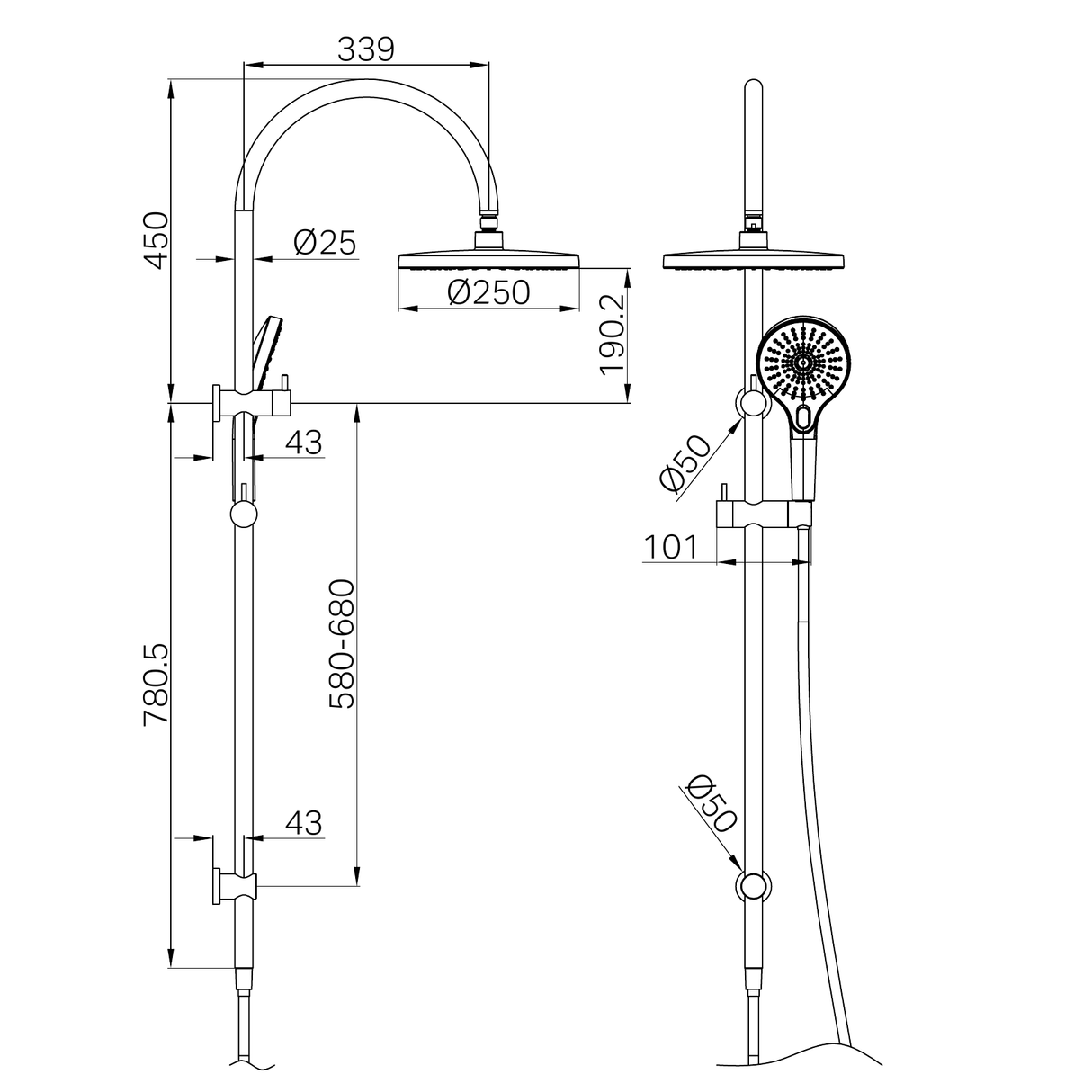 A line drawing of Nero Tapware Mecca Twin Shower Brushed Bronze