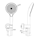 A line drawing of Nero Tapware Mecca Shower On Bracket With Air Shower II Gun Metal