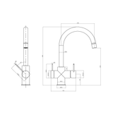 A line drawing of Nero Tapware Mecca 3 Way Filtered Mixer Tap Brushed Gold