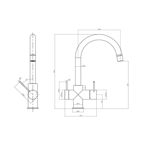 A line drawing of Nero Tapware Mecca 3 Way Filtered Mixer Tap Brushed Bronze