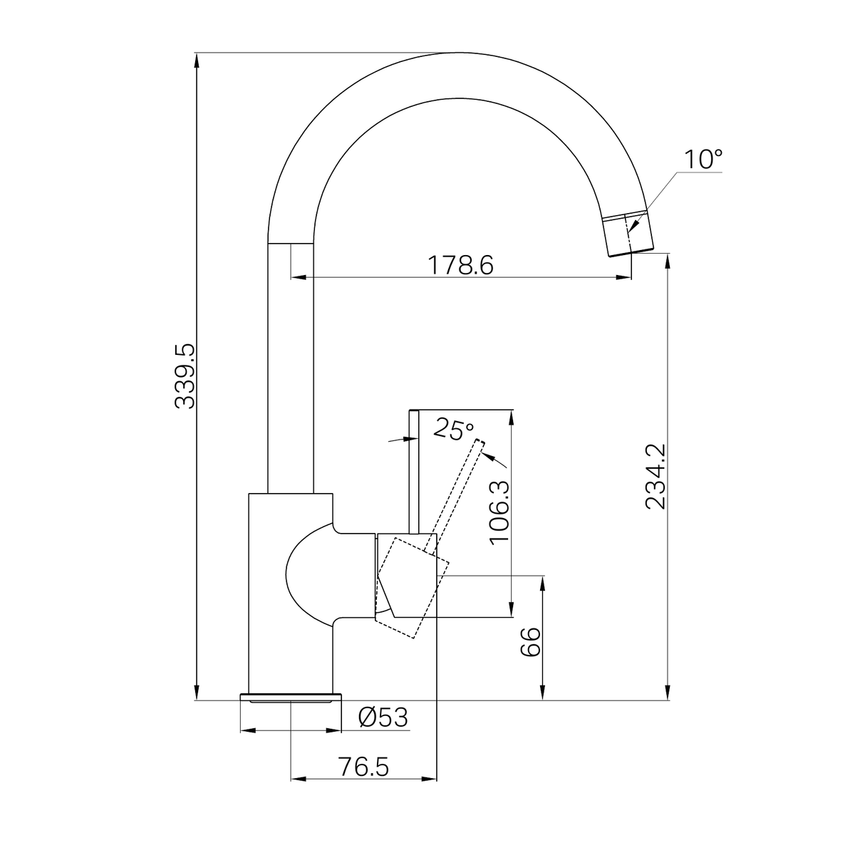 A line drawing of Nero Tapware Mecca Kitchen Mixer Brushed Bronze
