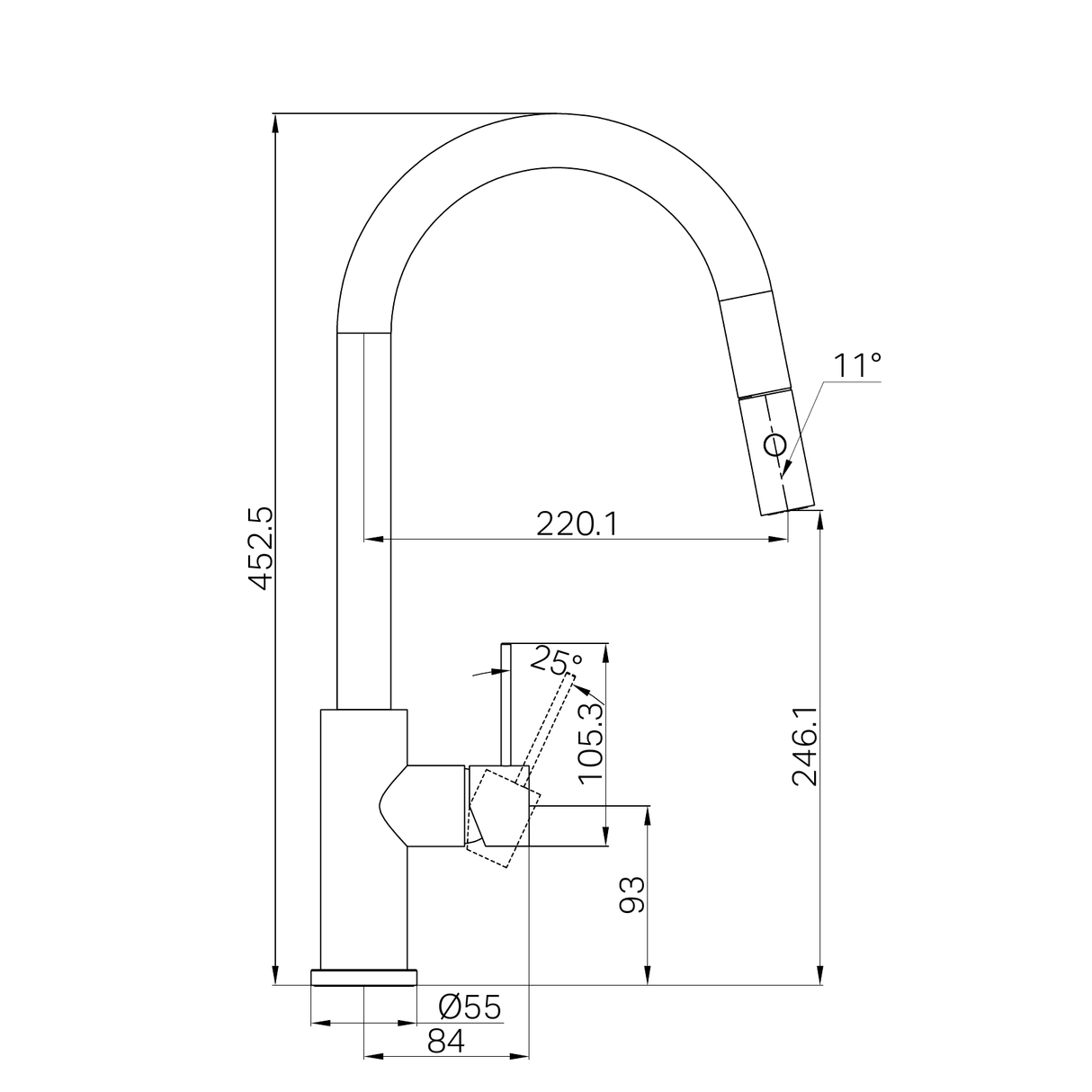 A line drawing of Nero Tapware Mecca Pull Out Sink Mixer With Vegie Spray Function Brushed Nickel