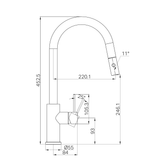 A line drawing of Nero Tapware Mecca Pull Out Sink Mixer With Vegie Spray Function Gun Metal