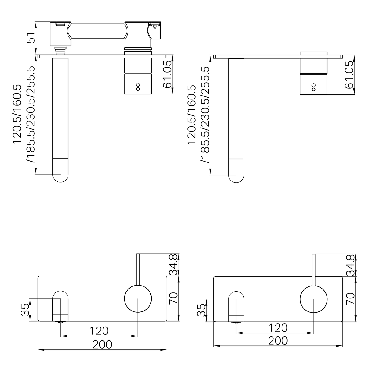 A line drawing of Nero Tapware Mecca Wall Basin/Bath Mixer Handle Up 185mm Trim Kits Only Chrome