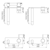 A line drawing of Nero Tapware Mecca Wall Basin/Bath Mixer Handle Up 185mm Trim Kits Only Chrome