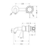 A line drawing of Nero Tapware Mecca Wall Basin/Bath Mixer Separate Back Plate 120mm Chrome