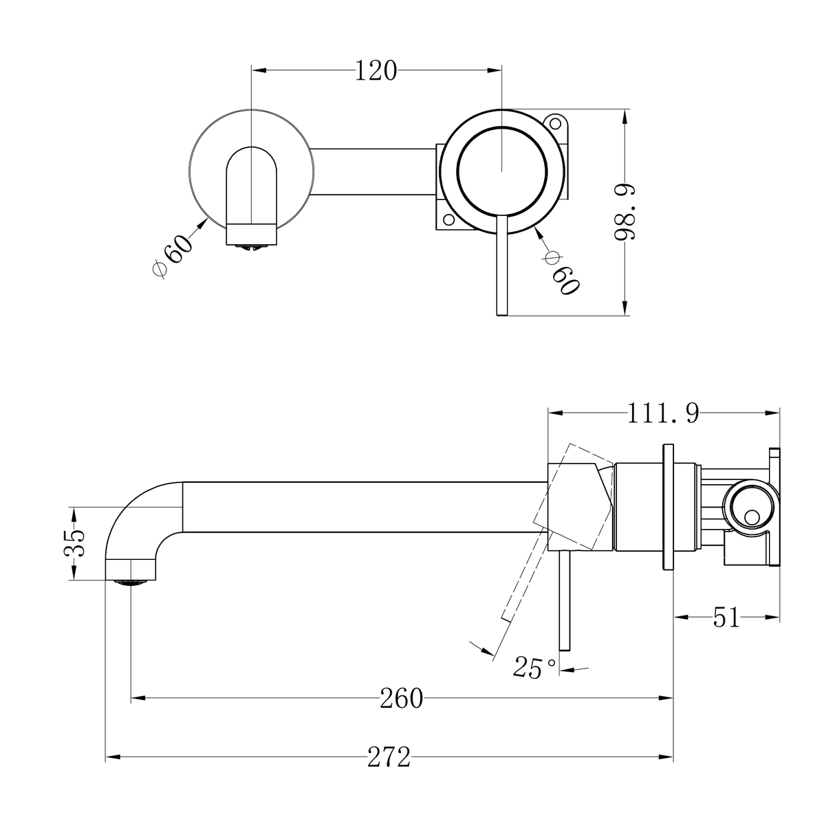 A line drawing of Nero Tapware Mecca Wall Basin/Bath Mixer Separate Back Plate 260mm Chrome