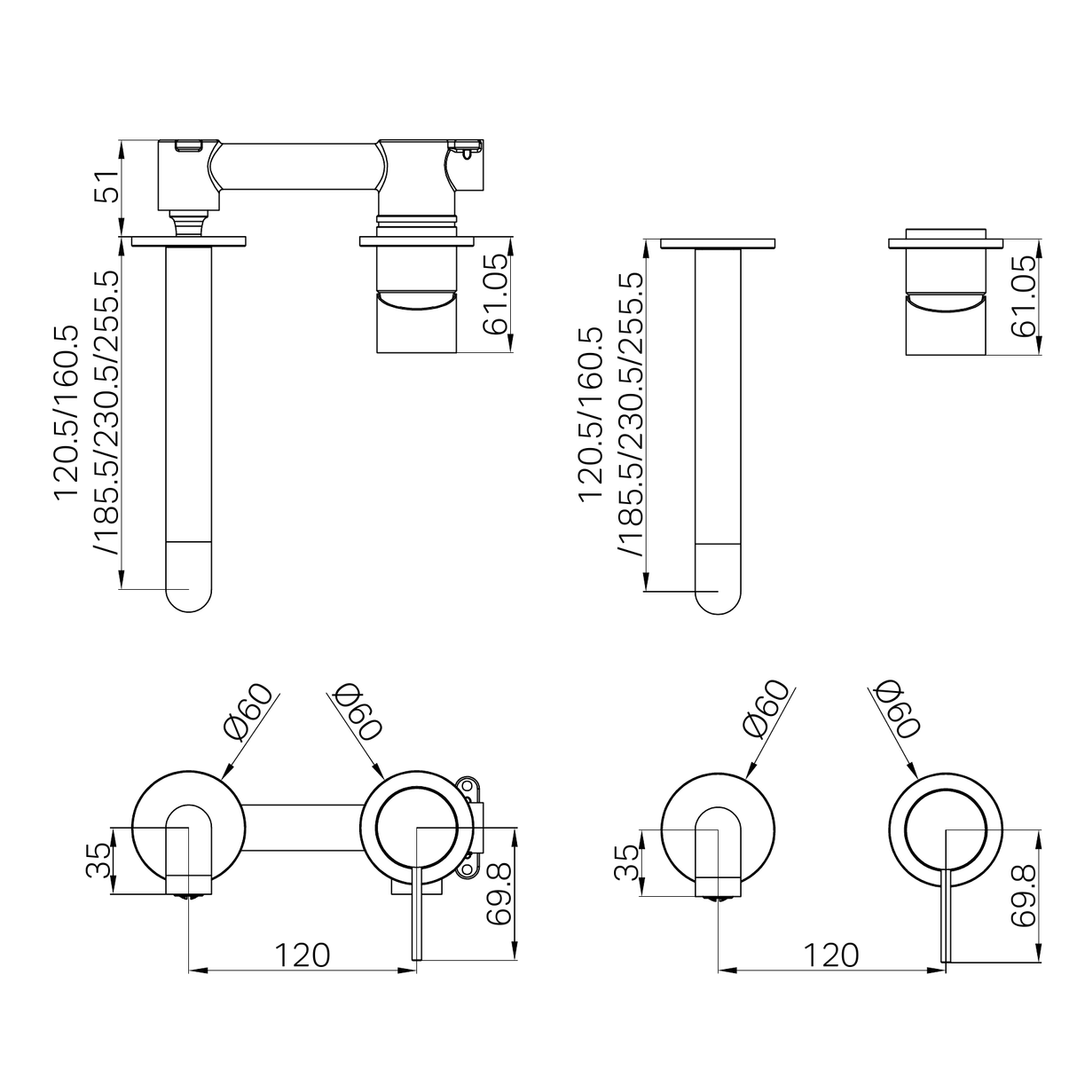 A line drawing of Nero Tapware Mecca Wall Basin/Bath Mixer Separate Back Plate 185mm Trim Kits Only Chrome