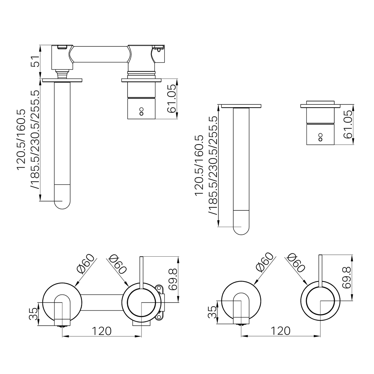 A line drawing of Nero Tapware Mecca Wall Basin/Bath Mixer Separate Back Plate Handle Up 185mm Trim Kits Only Chrome