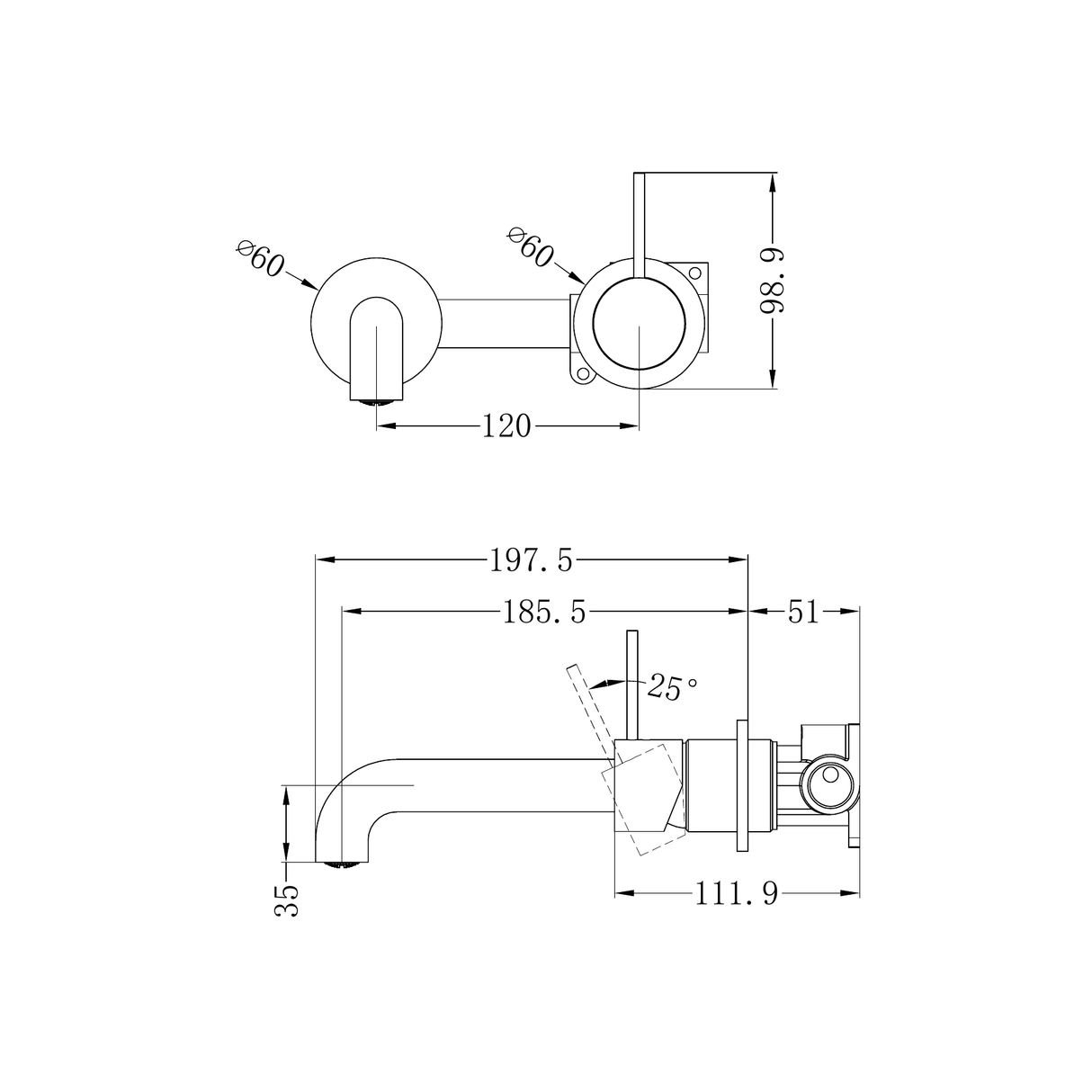 A line drawing of Nero Tapware Mecca Wall Basin/Bath Mixer Separate Back Plate Handle Up 185mm Chrome
