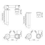 A line drawing of Nero Tapware Mecca Wall Basin/Bath Mixer Separate Back Plate Handle Up 230mm Trim Kits Only Chrome