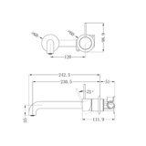 A line drawing of Nero Tapware Mecca Wall Basin/Bath Mixer Separate Back Plate Handle Up 230mm Chrome