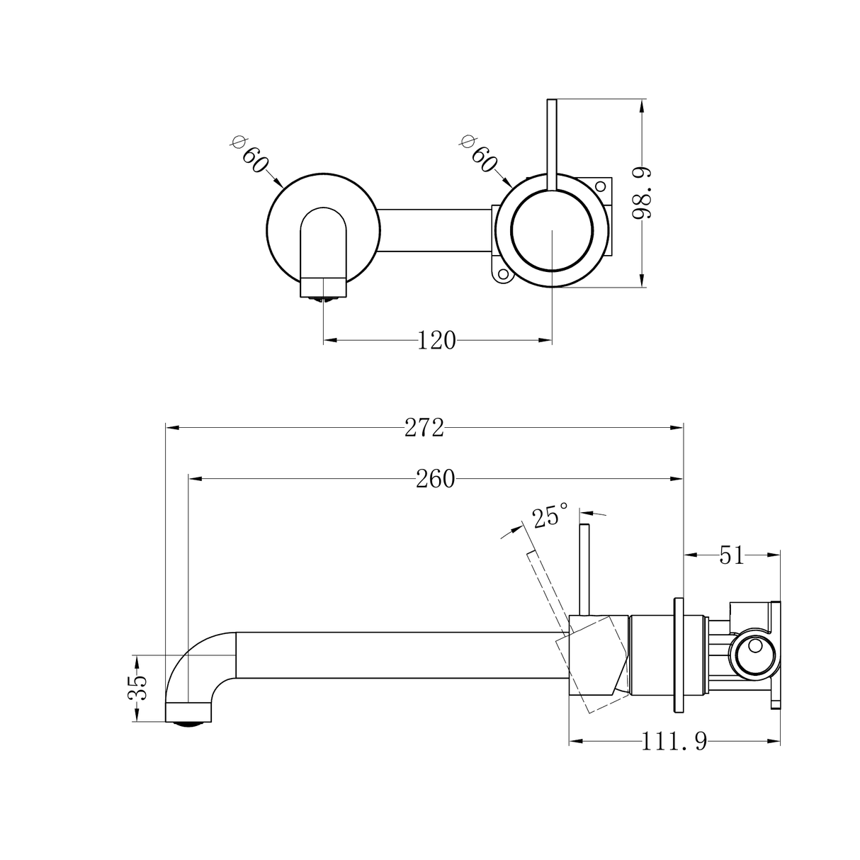 A line drawing of Nero Tapware Mecca Wall Basin/Bath Mixer Separate Back Plate Handle Up 260mm Trim Kits Only Chrome