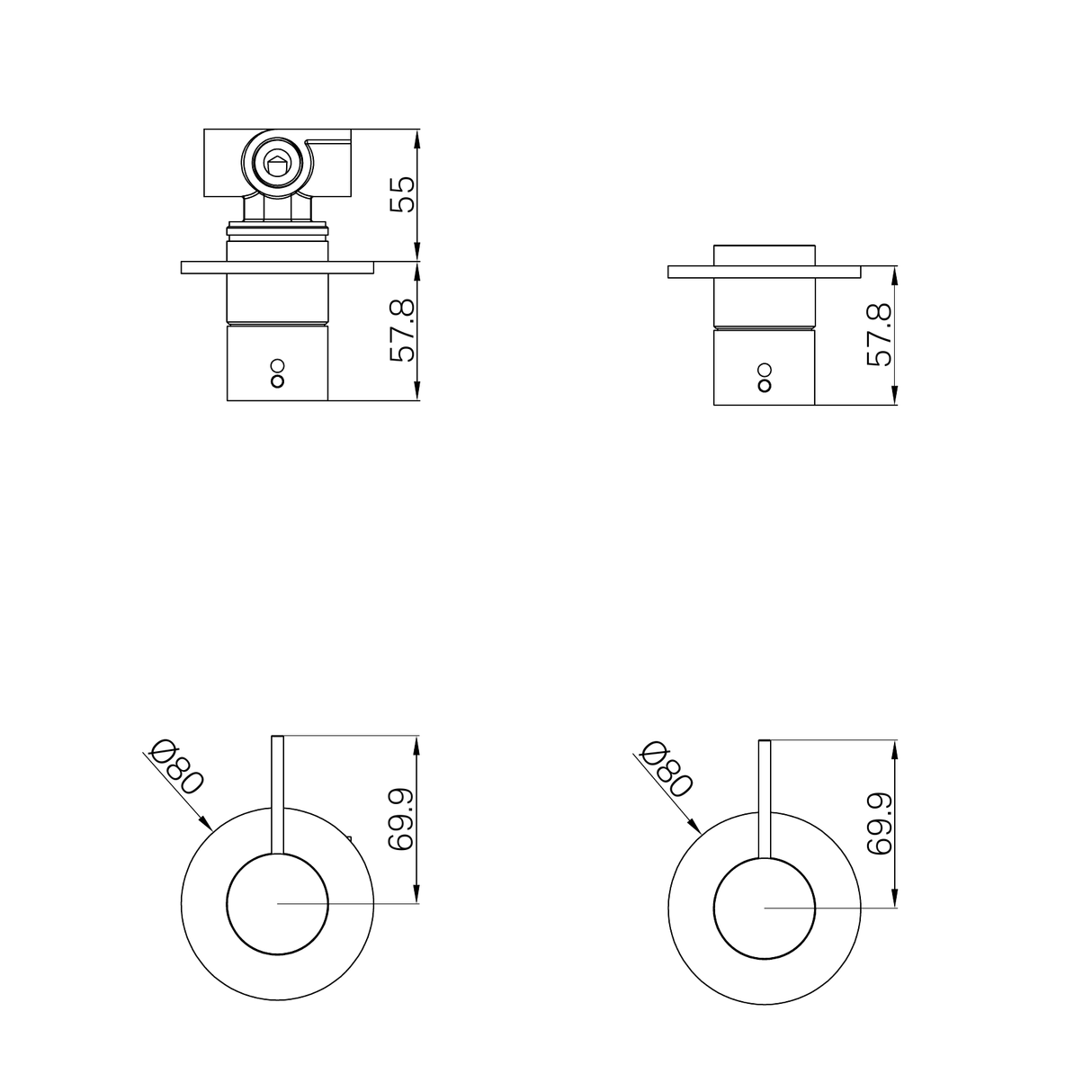 A line drawing of Nero Tapware Mecca Shower Mixer Handle Up 80mm Plate Trim Kits Only Matte White