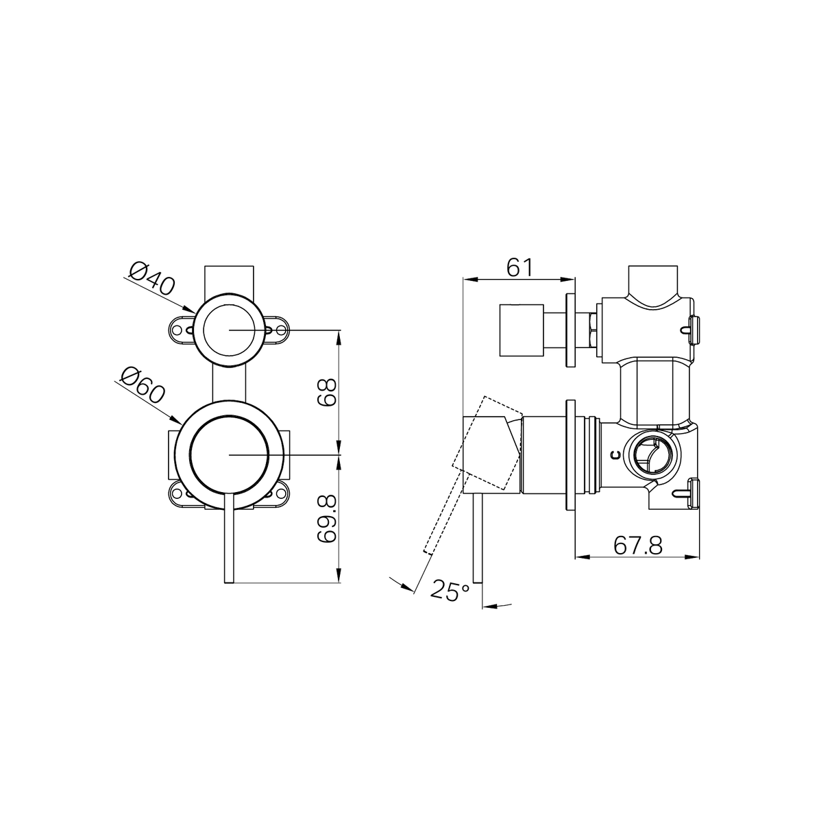 A line drawing of Nero Tapware Mecca Shower Mixer With Diverter Separate Back Plate Chrome