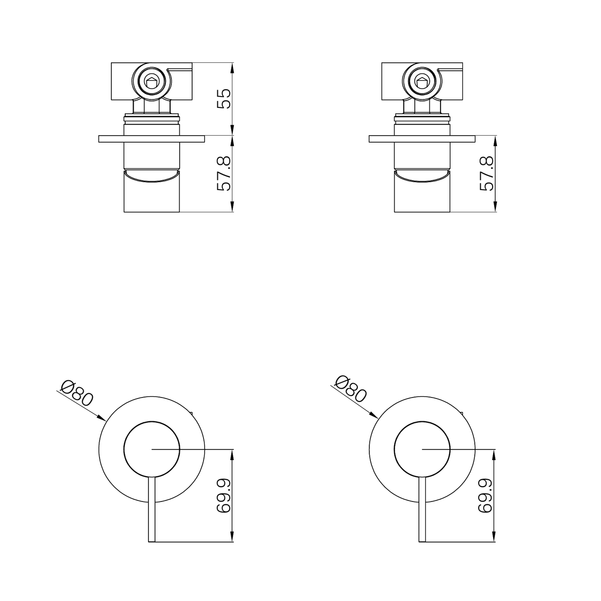 A line drawing of Nero Tapware Mecca Shower Mixer 80mm Plate Trim Kits Only Brushed Nickel