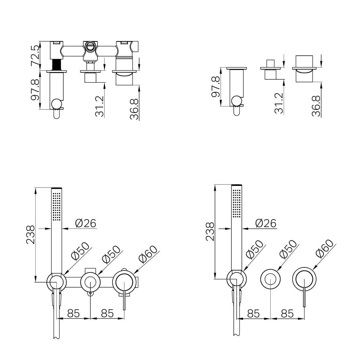 A line drawing of Nero Tapware Mecca Shower Mixer Diverter System Separate Back Plate Trim Kits Only Matte Black