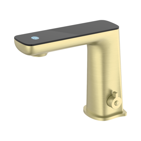 An image of Nero Tapware Claudia Sensor Mixer With Black Top Display Brushed Gold
